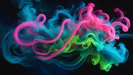 Abstract colorful smoke swirls on black background.