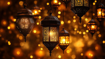 Arabic lanterns shining on golden bokeh background for ramadan kareem celebration