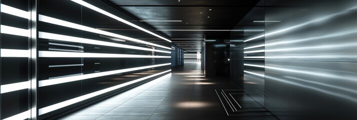 Poster - contemporary corridor with an innovative design showcasing dark walls accented by horizontal and ver