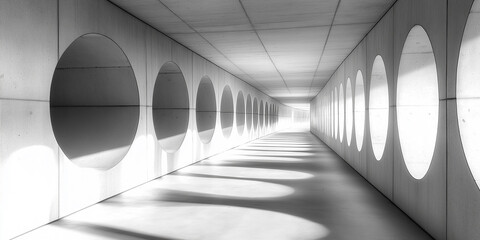 Aufkleber - Long empty concrete corridor with round openings casting geometric shadows