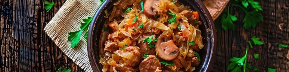 Canvas Print - Bigos, a classic dish made of sauerkraut simmered with meat, dried mushrooms, and sausage.