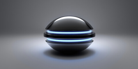 Black sphere with blue glowing rings on dark background