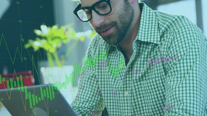 Poster - Animation of data processing and diagrams over caucasian man using tablet