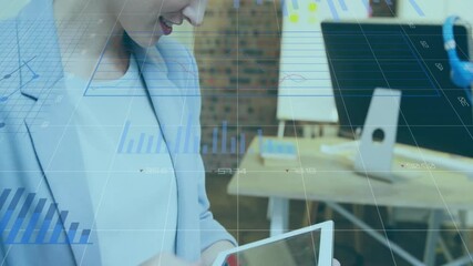 Poster - Animation of data processing and diagrams over caucasian woman using tablet