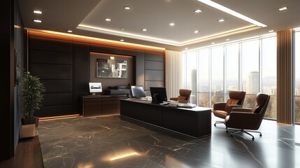 Poster - Modern office interior featuring sleek furniture and large windows with a city skyline view during daylight hours