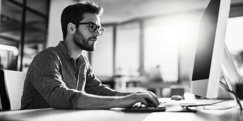 Poster - Focused young professional working on desktop computer in modern office