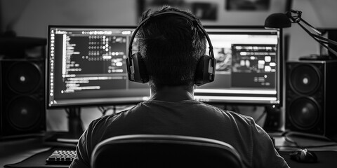 Leinwandbilder - Computer programmer working at home office with dual monitors in black and white