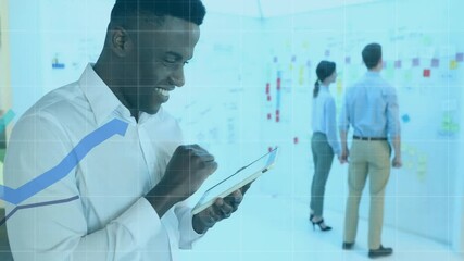 Poster - Animation of data processing and diagrams over african american businessman using tablet