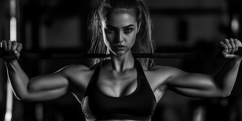 Young bodybuilder woman lifting weights in the gym