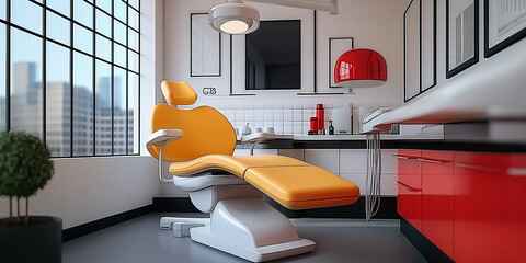 Poster - Modern dental office interior design with comfortable orange chair