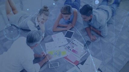 Poster - Animation of network of connections over diverse colleagues talking on floor in office
