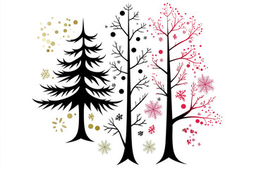 Wall Mural - Three stylized christmas trees are decorated with colorful snowflakes and ornaments