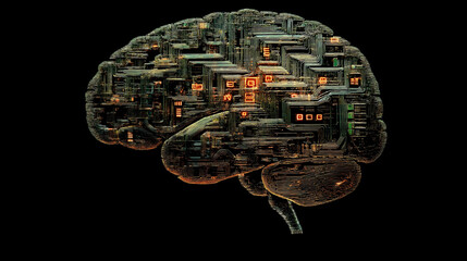 Poster - Circuit board forming artificial intelligence brain on black background