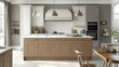© Andres Mejia - Modern beige kitchen with island featuring white countertops and grey walls