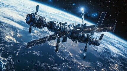 Wall Mural - A space station orbits the Earth with its solar panels deployed, a breathtaking view of clouds and stars fills the background.