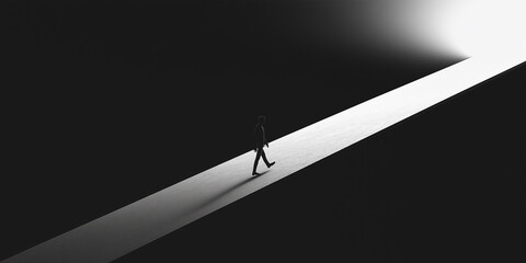 Poster - Businessman walking up illuminated path to the light in uncertain future