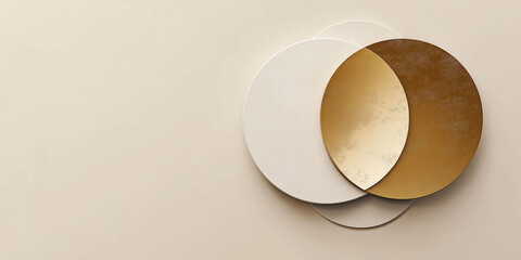 Poster - Minimalist design featuring interlocking circles in gold and white colors