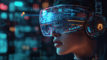 Poster - Woman wearing vr headset experiencing virtual reality