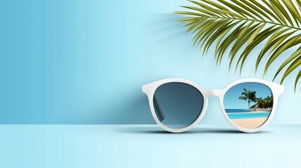 A pair of sunglasses is on a table with a blue background