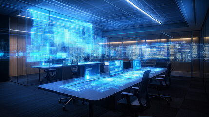 Poster - Modern office meeting room displaying futuristic business analytics and data visualization