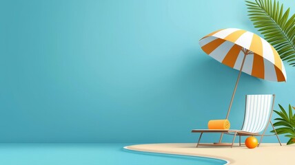 Sticker - A beach scene with a blue wall and a white and orange umbrella