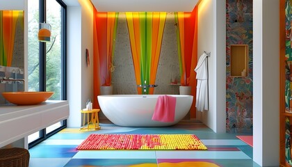 Vibrant bathroom featuring a stylish free-standing bathtub and colorful interior decor