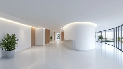 Wall Mural - A large, empty room with a white wall and a long, curved counter