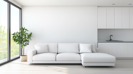 Wall Mural - A white couch sits in a large, empty room with a window and a potted plant