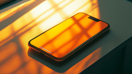 Smartphone screen reflecting warm sunlight on table surface