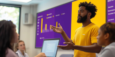 Aufkleber - Young entrepreneur presenting business plan during meeting with colleagues