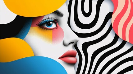 Sticker - A woman's face is painted with bright colors and black and white stripes