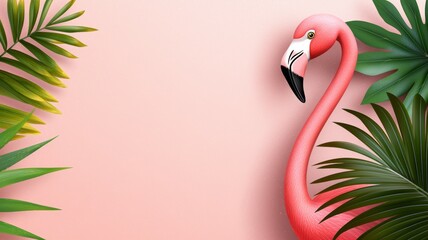 A pink flamingo is standing in front of a green leafy background