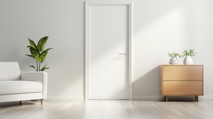 Canvas Print - A white door is open in a room with a couch and a plant