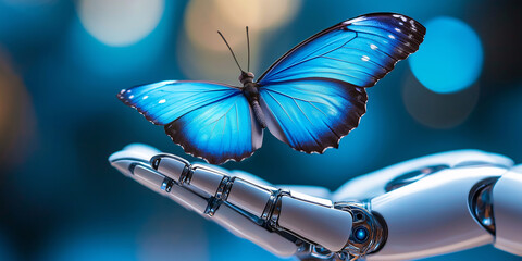 Poster - Blue morpho butterfly gently touching robotic hand with open palm