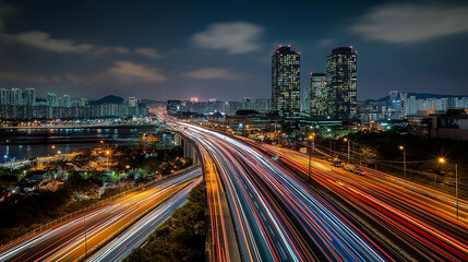 Poster - Highway traffic leading to modern city skyline at night