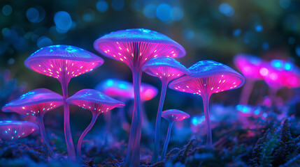 Poster - Glowing magic mushrooms growing in enchanted forest at night