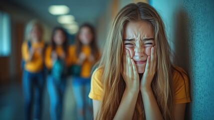 Teenage Girl Experiencing Distress in School Hallway