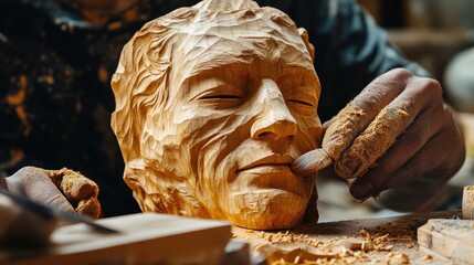 A craftsman meticulously carving a wooden sculpture of a human face.