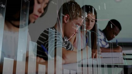 Poster - Animation of data processing and diagrams over diverse students writing test in classroom