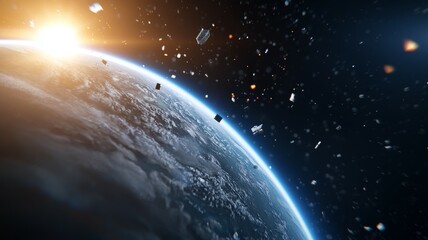 A close up of the Earth with a lot of debris floating around it