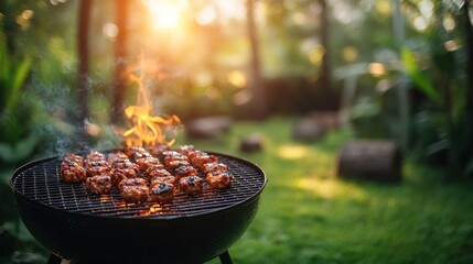 Wall Mural - Grilled Meat on BBQ in Green Backyard