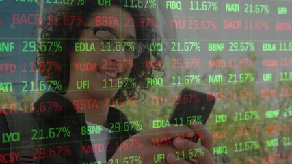 Poster - Animation of stock market and diagrams over biracial man using smartphone
