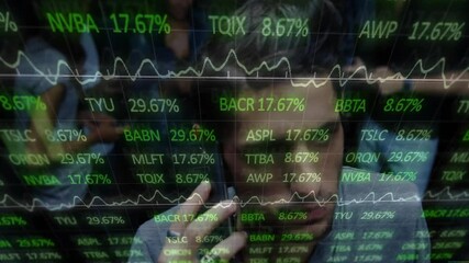 Poster - Animation of stock market and diagrams over caucasian man talking on smartphone