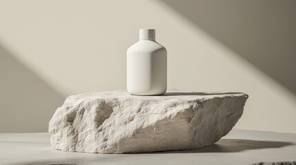 Poster - a minimalistic white vase displayed on a textured stone pedestal in soft natural light highlighting 