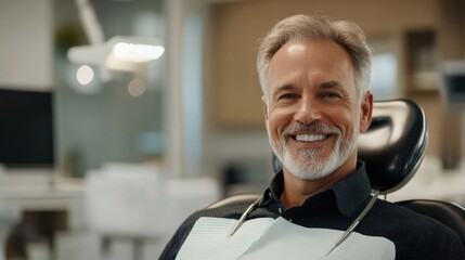 Wall Mural - A smiling man in a dental chair, conveying a positive dental experience.