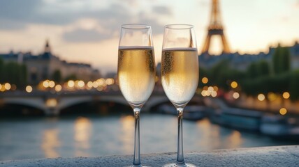 Two glasses of champagne are on a ledge overlooking a river