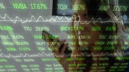 Poster - Animation of stock market and diagrams over caucasian woman talking on smartphone