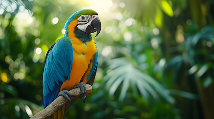 Close-Up of a Colorful Parrot Perched on a Tropical Branch with Vibrant Blue, Green, and Yellow Feathers Against Lush Greenery