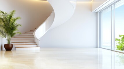 Wall Mural - A white staircase leading up to a large open room with a large window