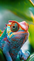 Poster - Colorful chameleon close-up on leaf, vibrant nature. Wildlife and adaptation concept